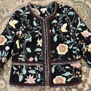 Loft Twill Black and Floral Jacket Blazer w/Fringe Edge Detailing 14 L XL